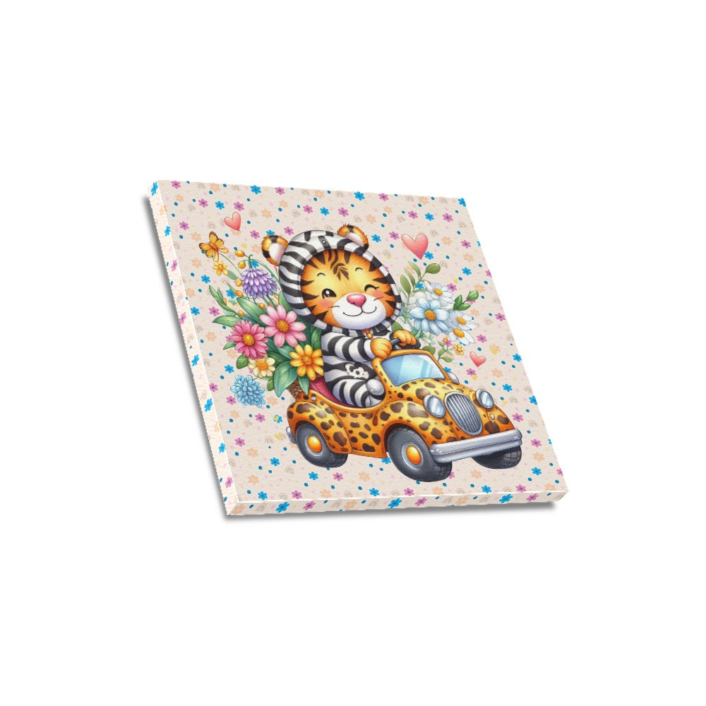 Cute colourful Flower Baby Tiger in a toy car graphic Canvas Print 16"x16"-My Bight Side Clothing