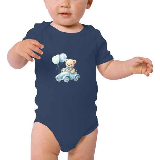 Organic Short Sleeve Baby Bodysuit Teddy Bear Driving Car With Balloons