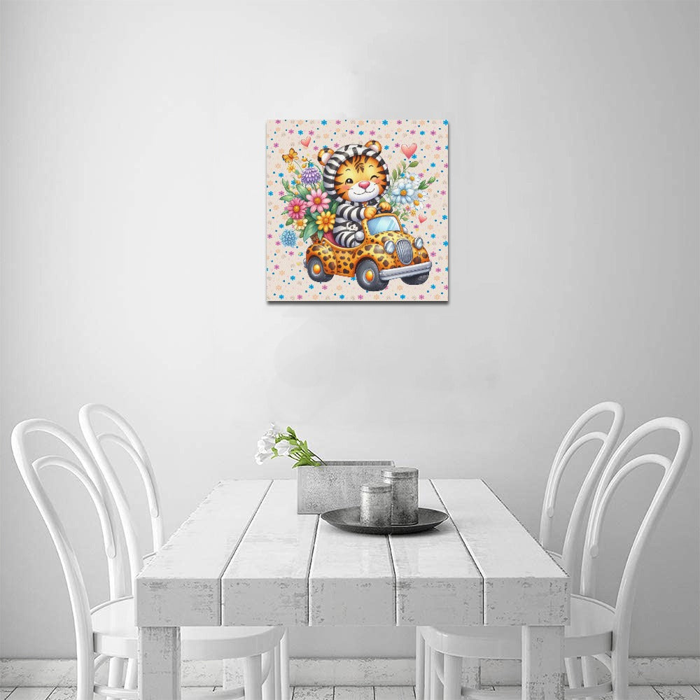 Cute colourful Flower Baby Tiger in a toy car graphic Canvas Print 16"x16"-My Bight Side Clothing