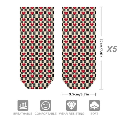 Read and Black Checkered Heart Pattern Children's Comfortable Socks -5 Pairs -MyBrightSideClothing