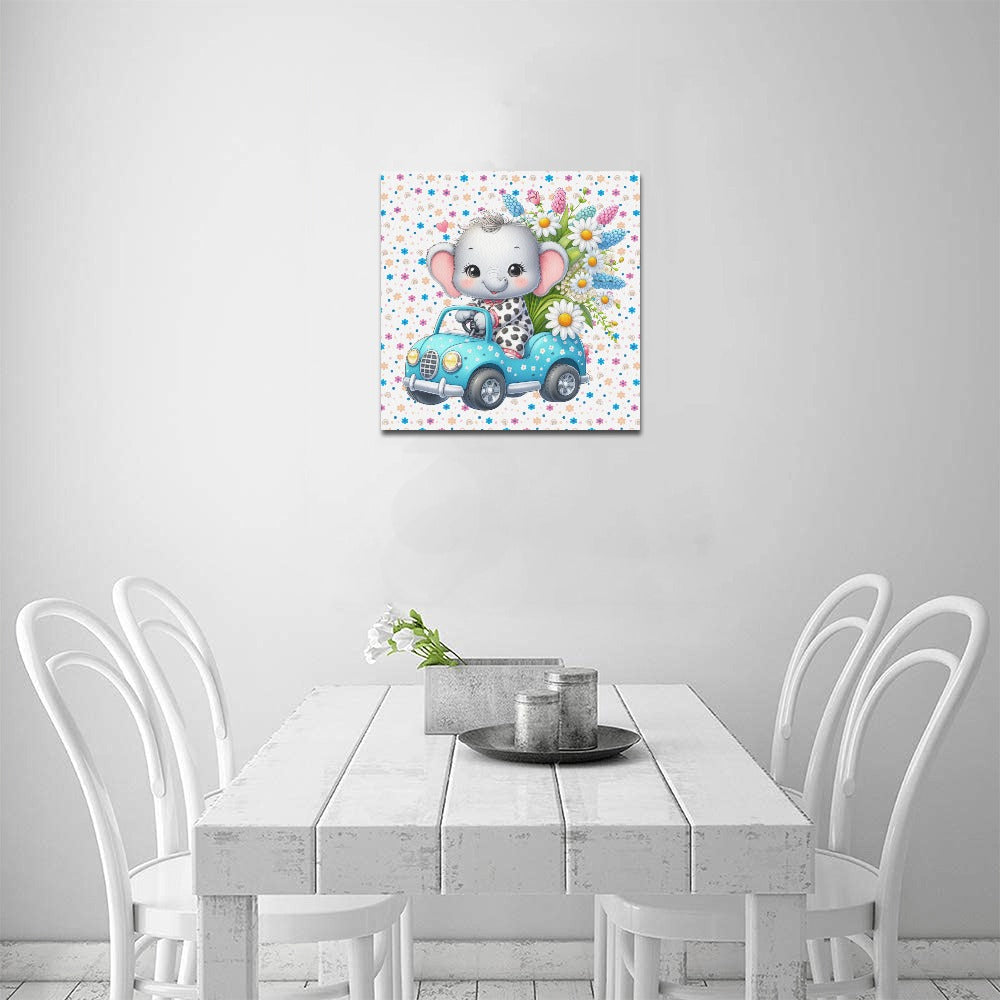 Cute colourful Flower Baby Elephant in a toy car graphic Canvas Print 16"x16"-My Bight Side Clothing