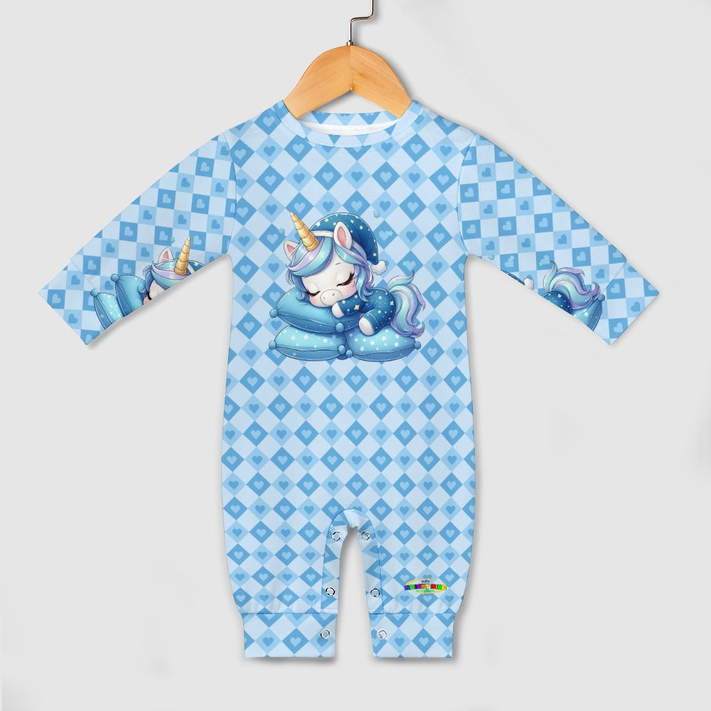 Cute Pastel Blue Sleepy Time Unicorn Heart Pattern and Graphic Baby Romper-My Bright Side Clothing