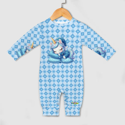 Cute Pastel Blue Sleepy Time Unicorn Heart Pattern and Graphic Baby Romper-My Bright Side Clothing