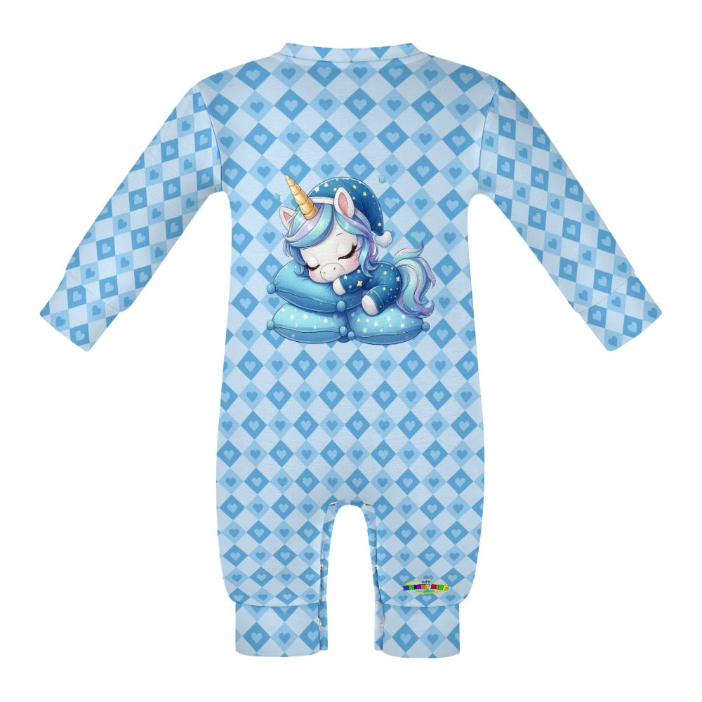 Cute Pastel Blue Sleepy Time Unicorn Heart Pattern and Graphic Baby Romper-My Bright Side Clothing