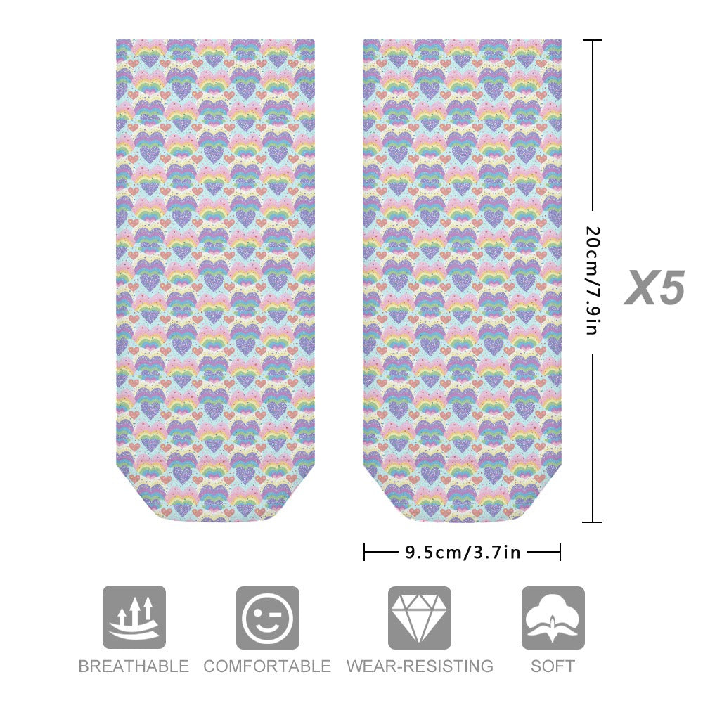 Pastel Rainbow heart Pattern Children's Comfortable Socks -5 Pairs -MyBrightSideClothing