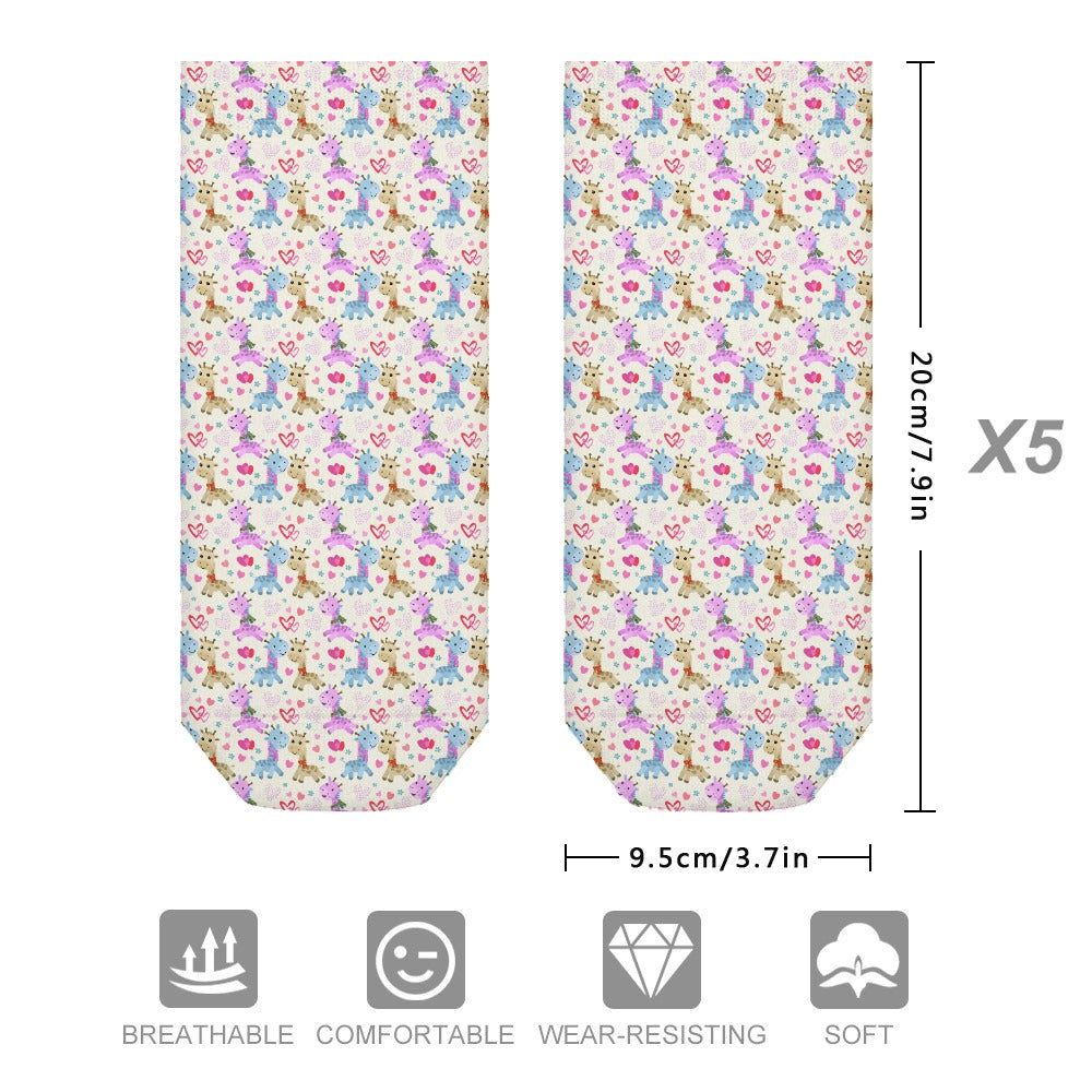 Cute Pastel Giraffes in love Pattern Children's Comfortable Socks -5 Pairs -MyBrightSideClothing