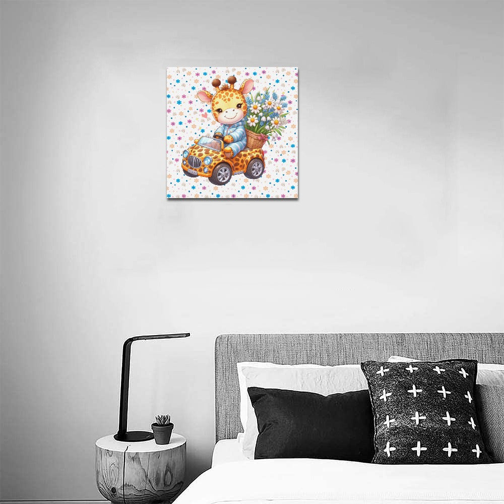 Cute colourful Flower Baby Giraffe in a toy car graphic Canvas Print 16"x16"-My Bight Side Clothing