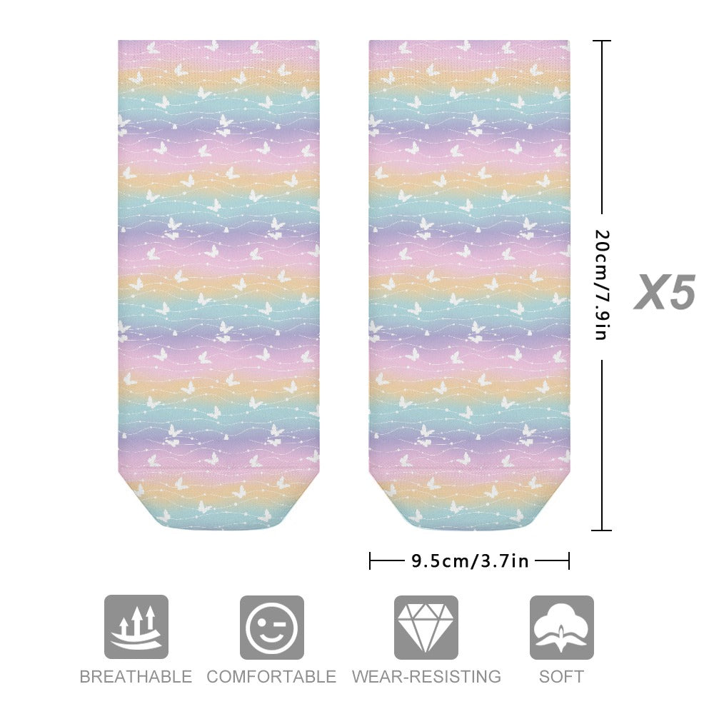 Beautiful Pastel Rainbow Butterfly Pattern Children's Comfortable Socks -5 Pairs -MyBrightSideClothing