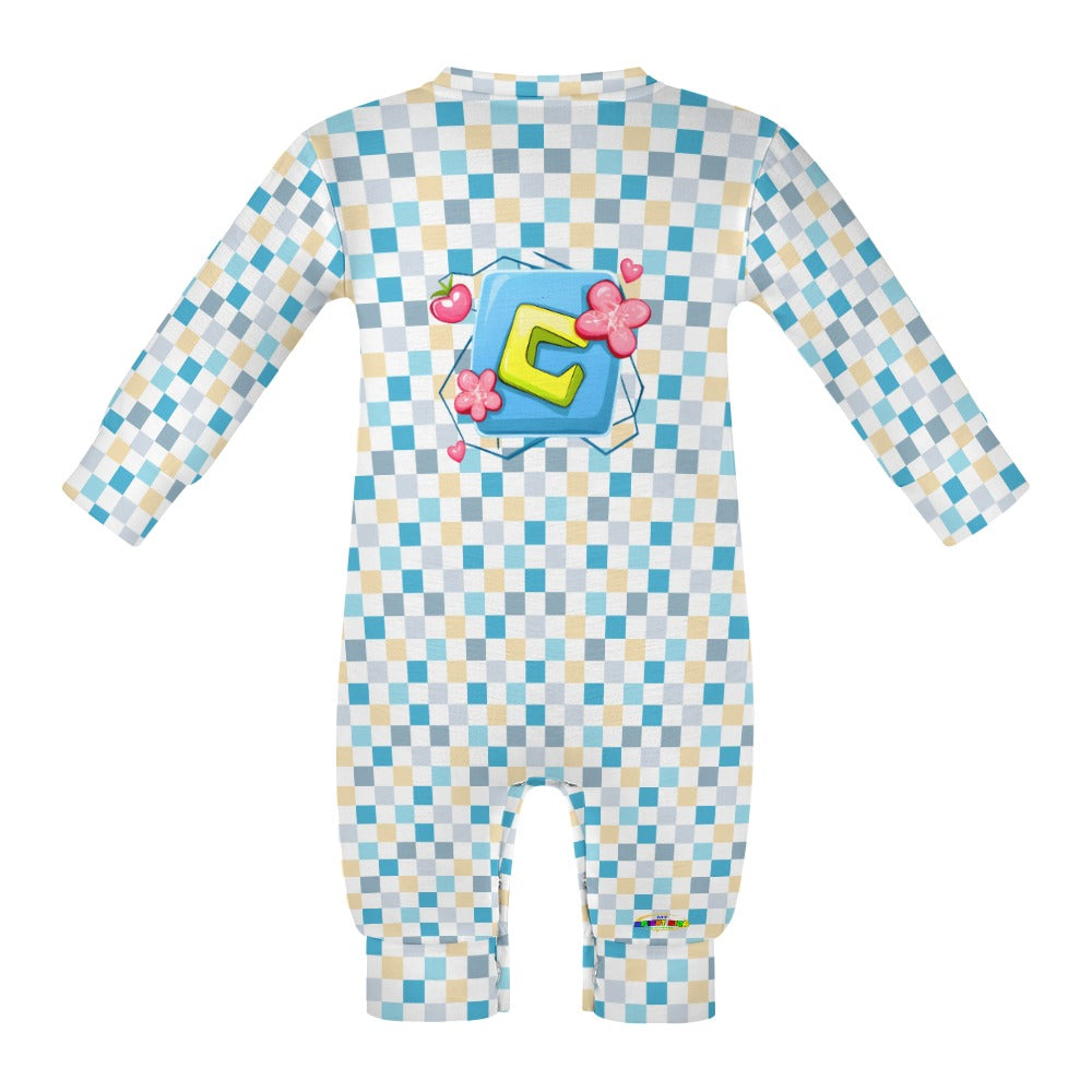 Pastel Blue Square Pattern and  Graphic  Baby Romper  -My Bright Side Clothing