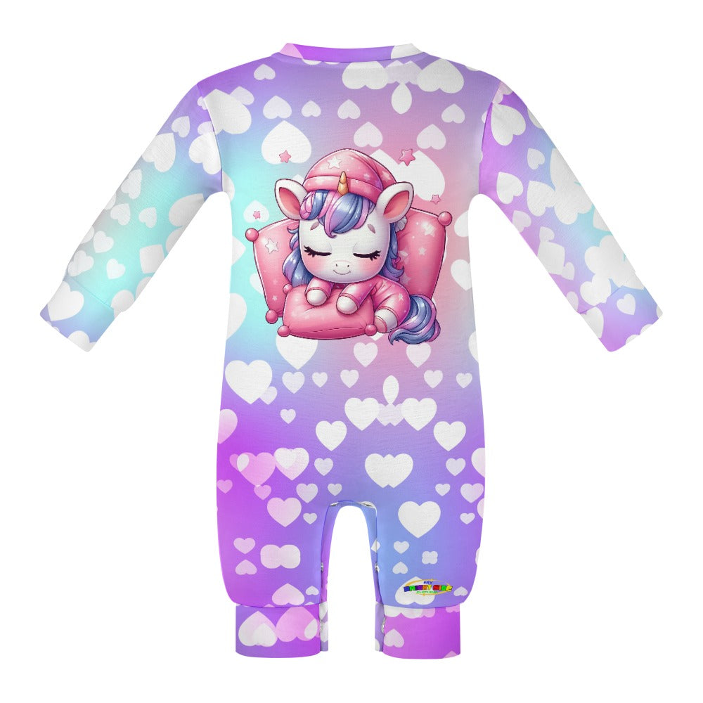 Cute Pastel Rainbow Sleepy Time Unicorn Heart Pattern and Graphic Baby Romper-My Bright Side Clothing