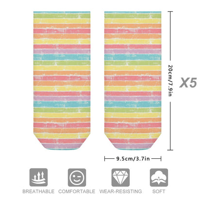 Grunge Pastel Strip Rainbow Pattern Children's Comfortable Socks -5 Pairs -MyBrightSideClothing