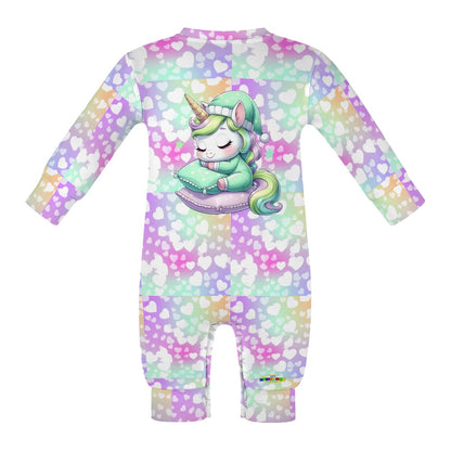 Cute Pastel Rainbow Sleepy Time Unicorn Heart Pattern and Graphic Baby Romper-My Bright Side Clothing