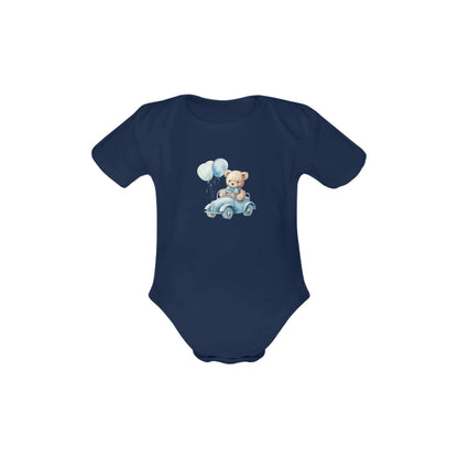 Organic Short Sleeve Baby Bodysuit Teddy Bear Driving Car With Balloons