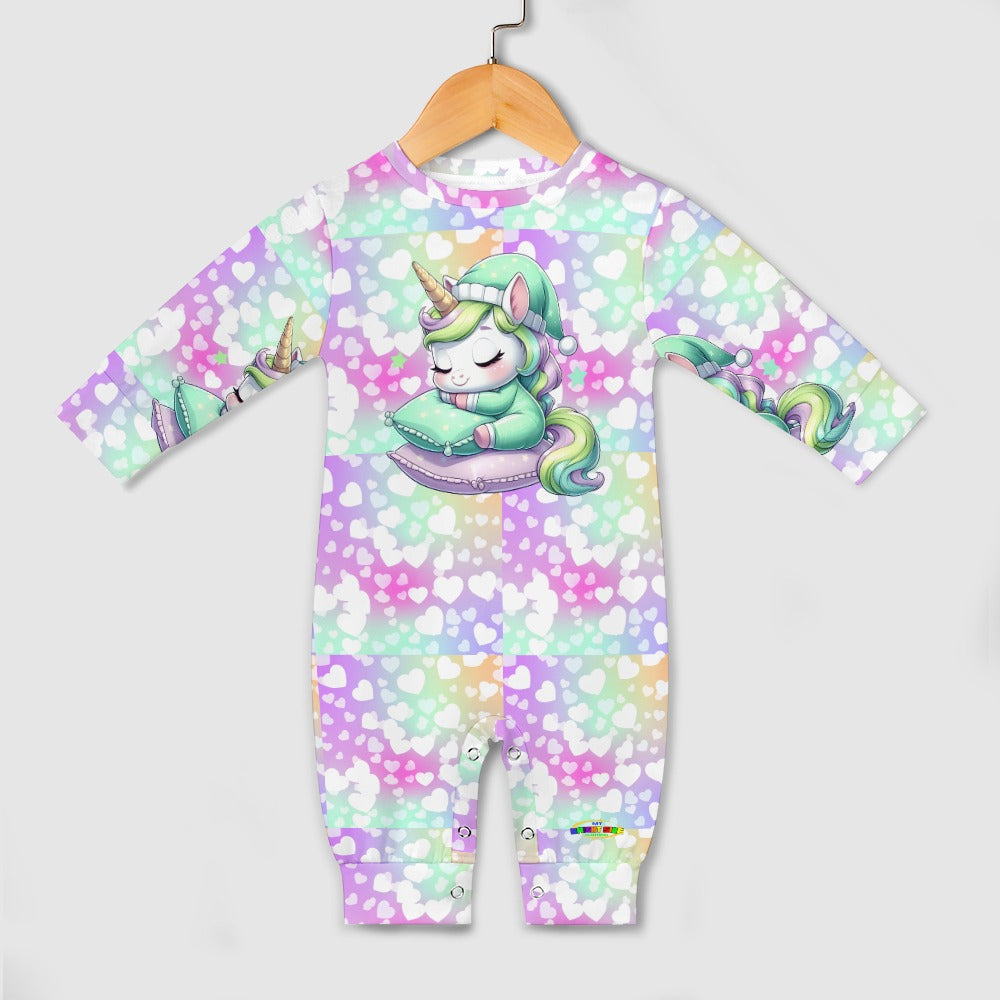 Cute Pastel Rainbow Sleepy Time Unicorn Heart Pattern and Graphic Baby Romper-My Bright Side Clothing