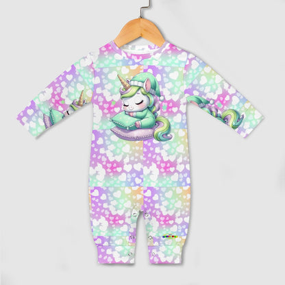 Cute Pastel Rainbow Sleepy Time Unicorn Heart Pattern and Graphic Baby Romper-My Bright Side Clothing