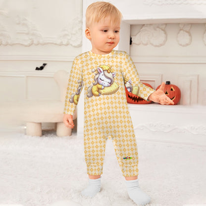 Cute Pastel Yellow Sleepy Time Unicorn Heart Pattern and Graphic Baby Romper-My Bright Side Clothing