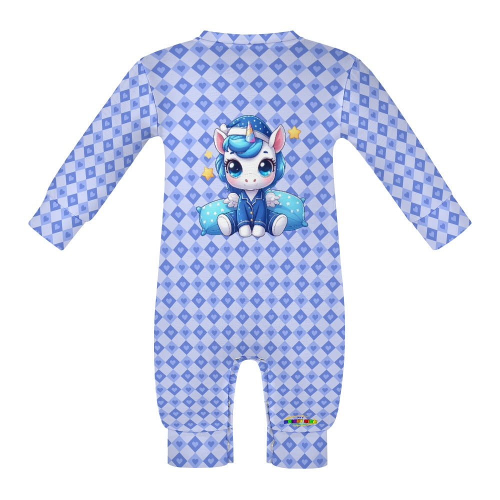 Cute Pastel Blue Sleepy Time Unicorn Heart Pattern and Graphic Baby Romper-My Bright Side Clothing