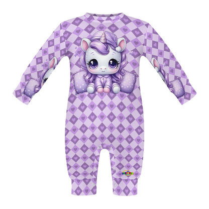 Cute Pastel Purple Sleepy Time Unicorn Heart Pattern and Graphic Baby Romper-My Bright Side Clothing