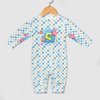 Pastel Blue Square Pattern and  Graphic  Baby Romper  -My Bright Side Clothing