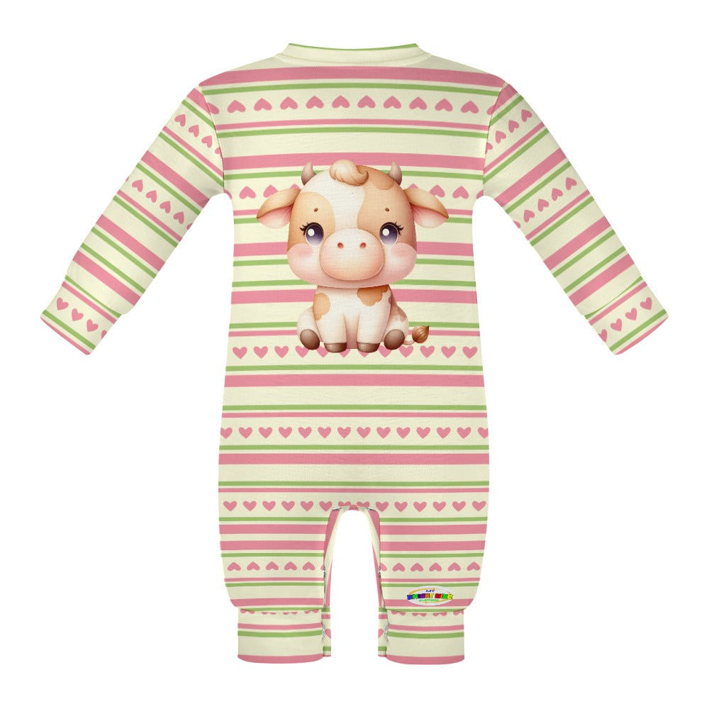 Cute Baby Cow and Pastel Heart Stripe Pattern Baby Romper-My Bright Side Clothing