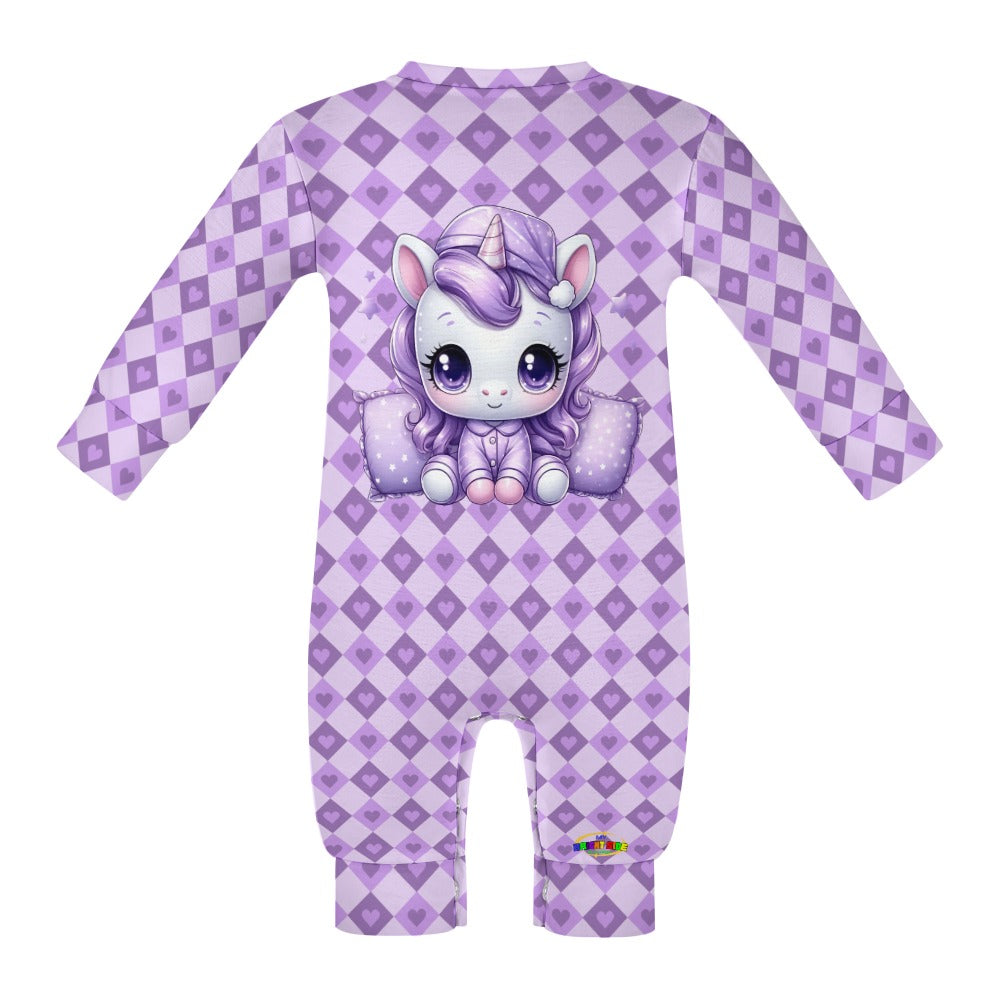 Cute Pastel Purple Sleepy Time Unicorn Heart Pattern and Graphic Baby Romper-My Bright Side Clothing