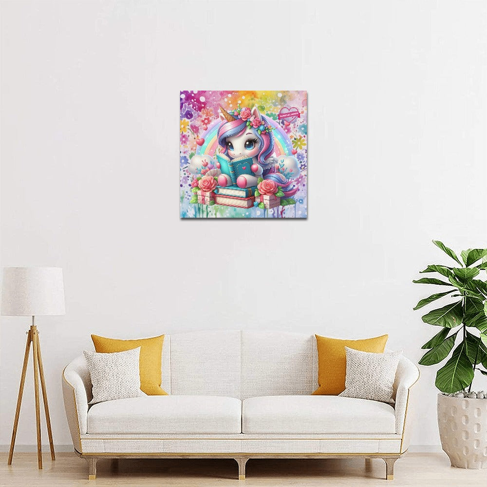 Magical Minds Cute colourful Rainbow Unicorn Reading graphic Canvas Print 16"x16"-My Bight Side Clothing