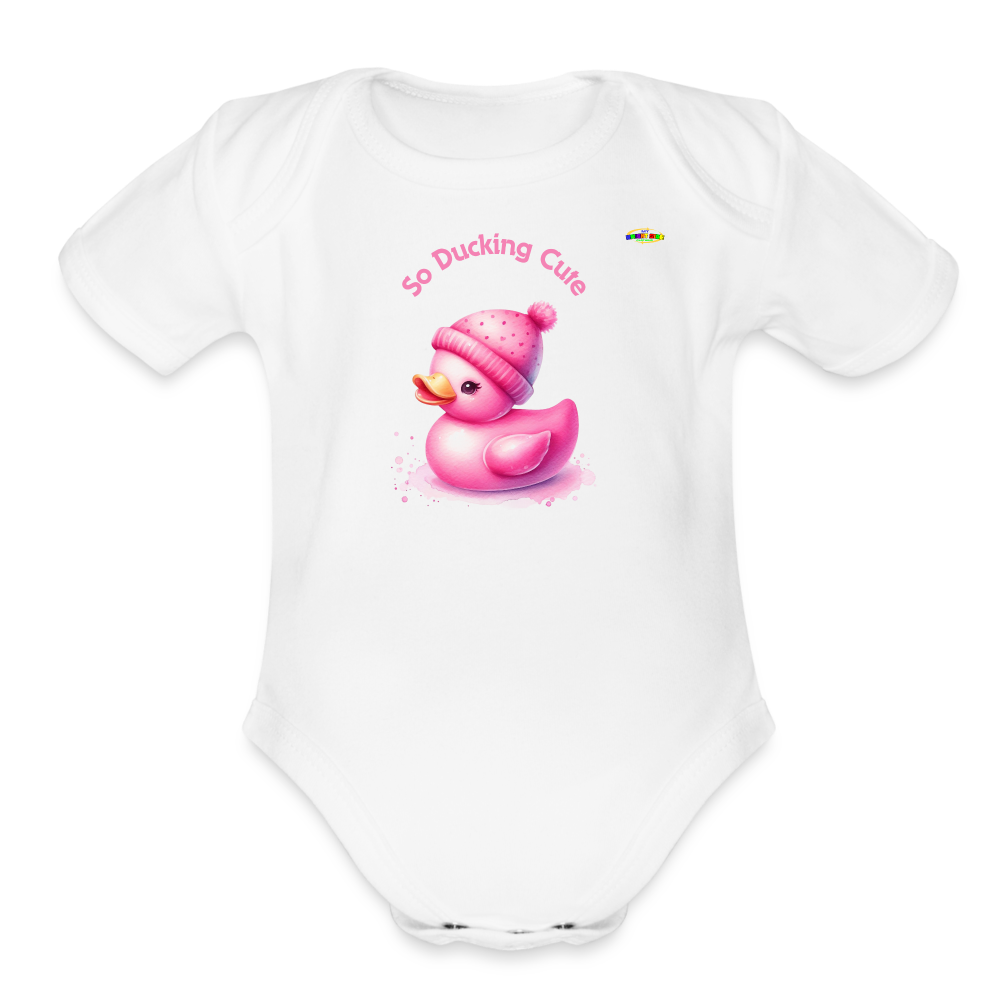 So Ducking Cute Pink Ducky Organic Short Sleeve Baby Bodysuit- -MyBrightSideClothing - white