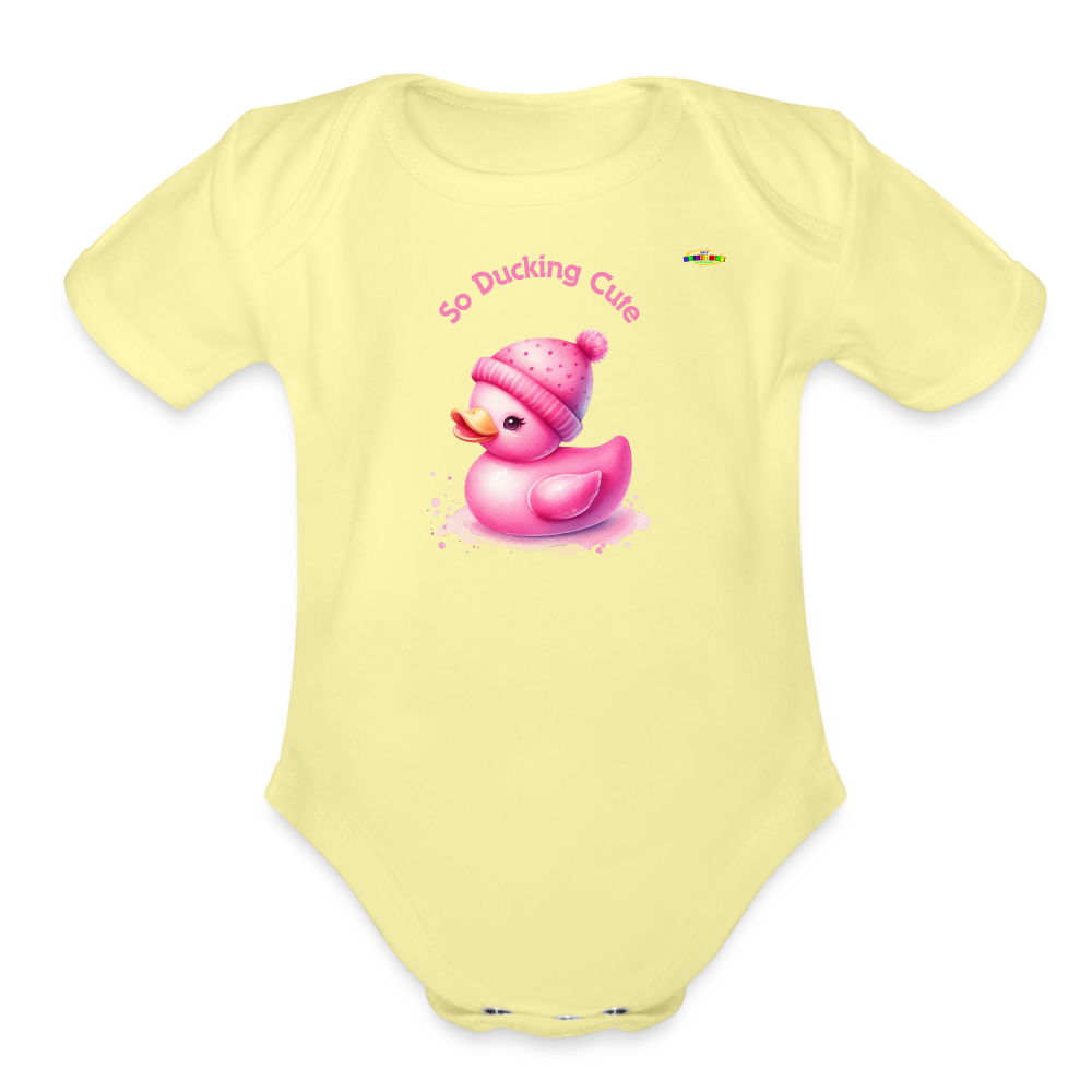 So Ducking Cute Pink Ducky Organic Short Sleeve Baby Bodysuit- -MyBrightSideClothing - washed yellow