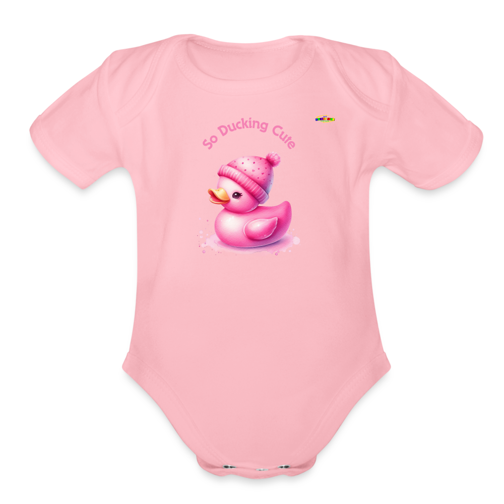 So Ducking Cute Pink Ducky Organic Short Sleeve Baby Bodysuit- -MyBrightSideClothing - light pink