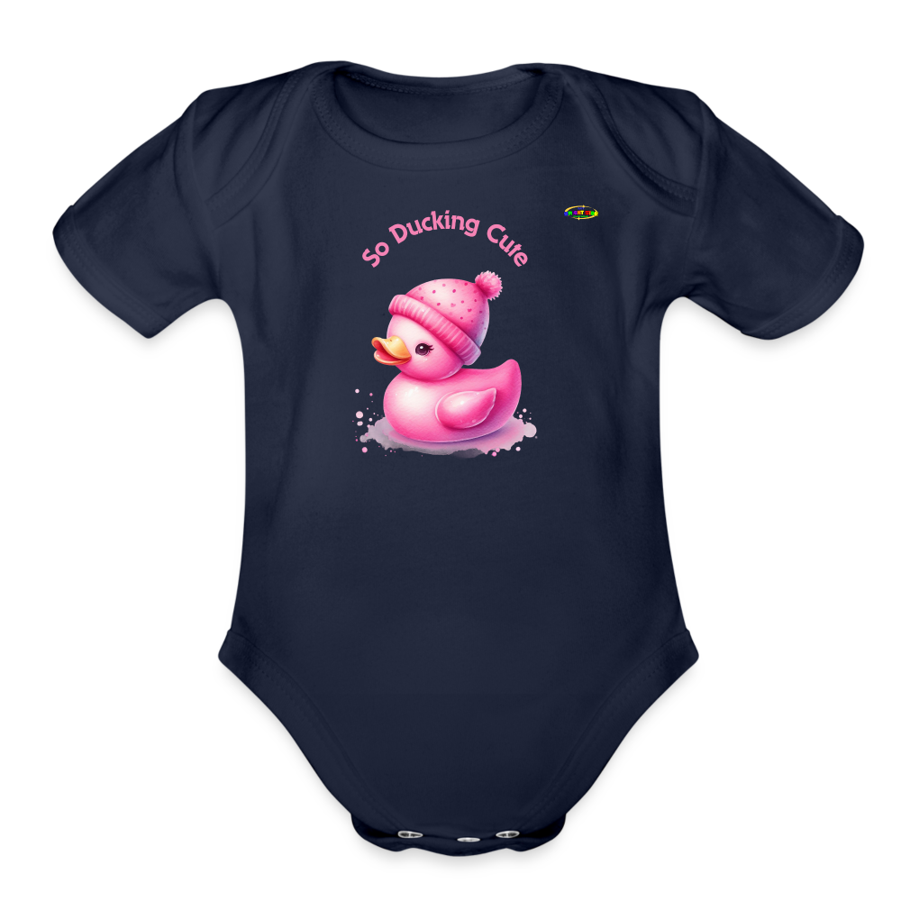 So Ducking Cute Pink Ducky Organic Short Sleeve Baby Bodysuit- -MyBrightSideClothing - dark navy