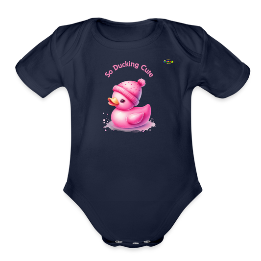 So Ducking Cute Pink Ducky Organic Short Sleeve Baby Bodysuit- -MyBrightSideClothing - dark navy