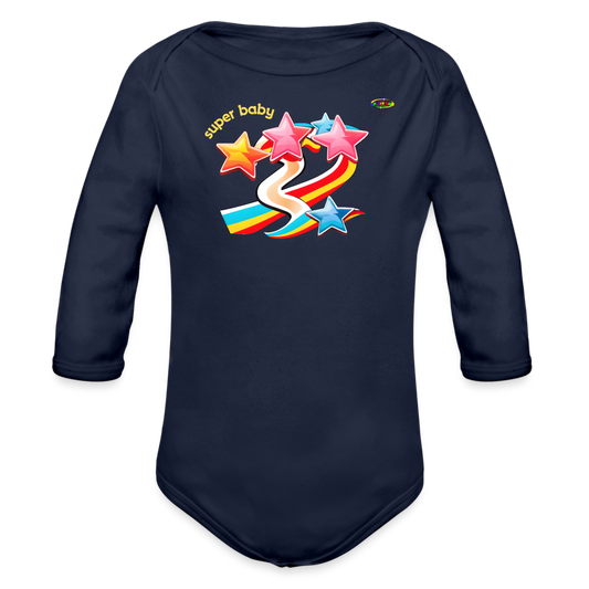 Super Baby Rainbow Star Organic Long Sleeve Baby Bodysuit-Mybrightsideclothing - dark navy