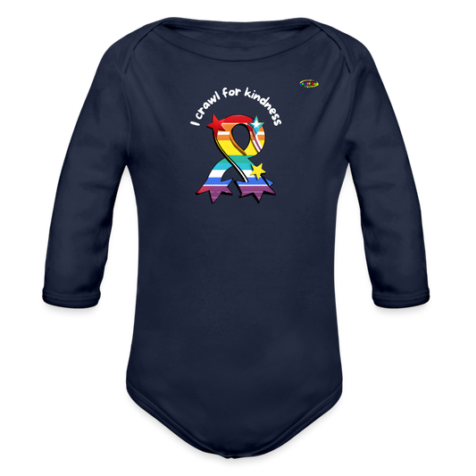 I crawl for kindness cute star rainbow ribbon Organic Long Sleeve Baby Bodysuit- -MyBrightSideClothing - dark navy