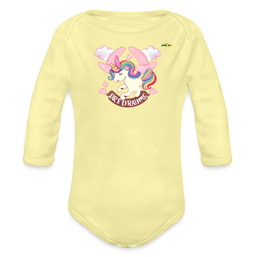 Cute Pastel Sweet Dreams Unicorn Organic Long Sleeve Baby Bodysuit- -MyBrightSideClothing - washed yellow