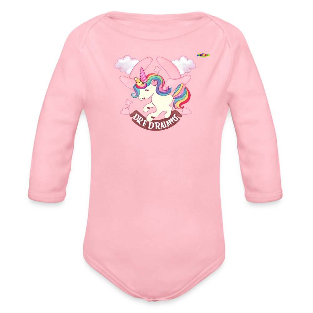 Cute Pastel Sweet Dreams Unicorn Organic Long Sleeve Baby Bodysuit- -MyBrightSideClothing - light pink