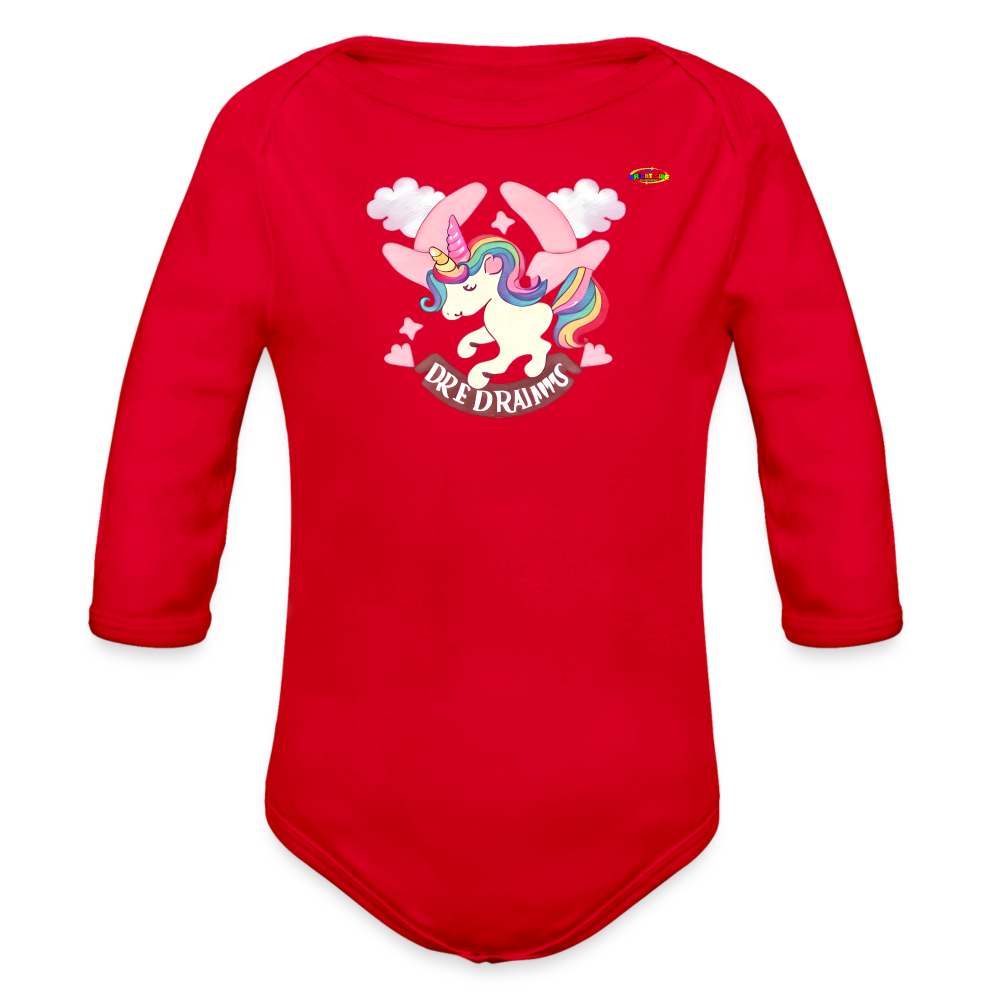 Cute Pastel Sweet Dreams Unicorn Organic Long Sleeve Baby Bodysuit- -MyBrightSideClothing - red