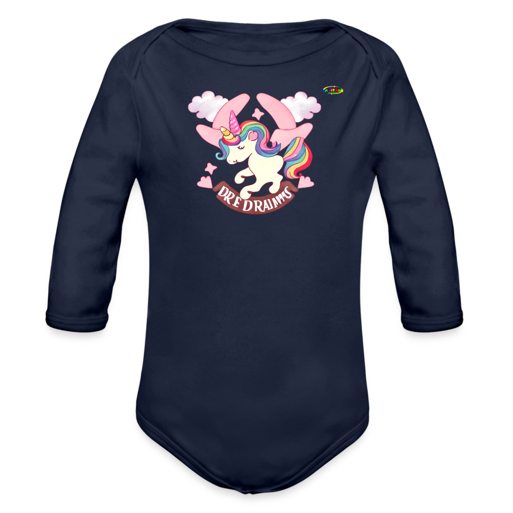 Cute Pastel Sweet Dreams Unicorn Organic Long Sleeve Baby Bodysuit- -MyBrightSideClothing - dark navy