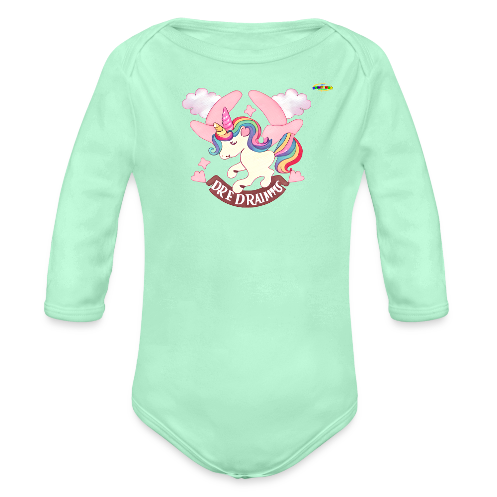 Cute Pastel Sweet Dreams Unicorn Organic Long Sleeve Baby Bodysuit- -MyBrightSideClothing - light mint