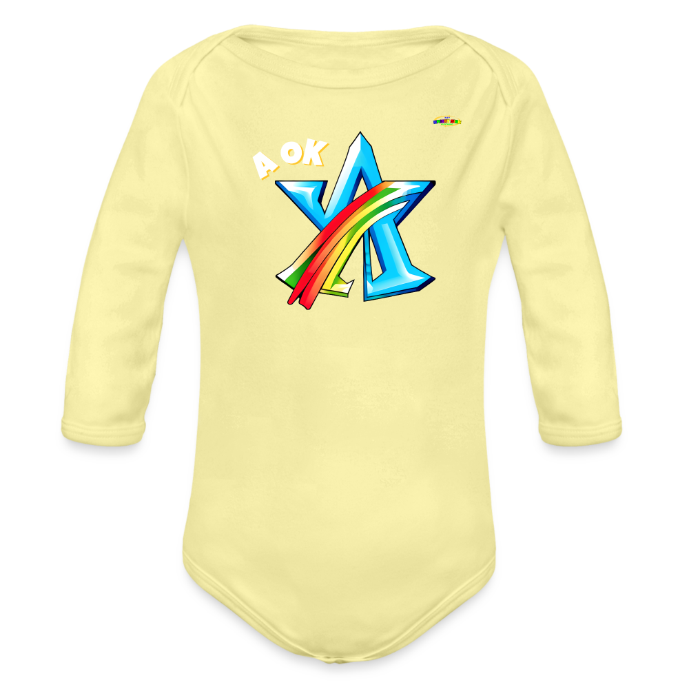 Super A Ok Logo Organic Long Sleeve Baby Bodysuit-MyBrightSideClothing - washed yellow