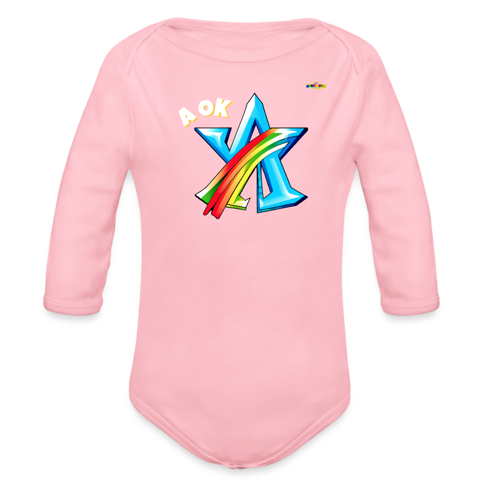 Super A Ok Logo Organic Long Sleeve Baby Bodysuit-MyBrightSideClothing - light pink