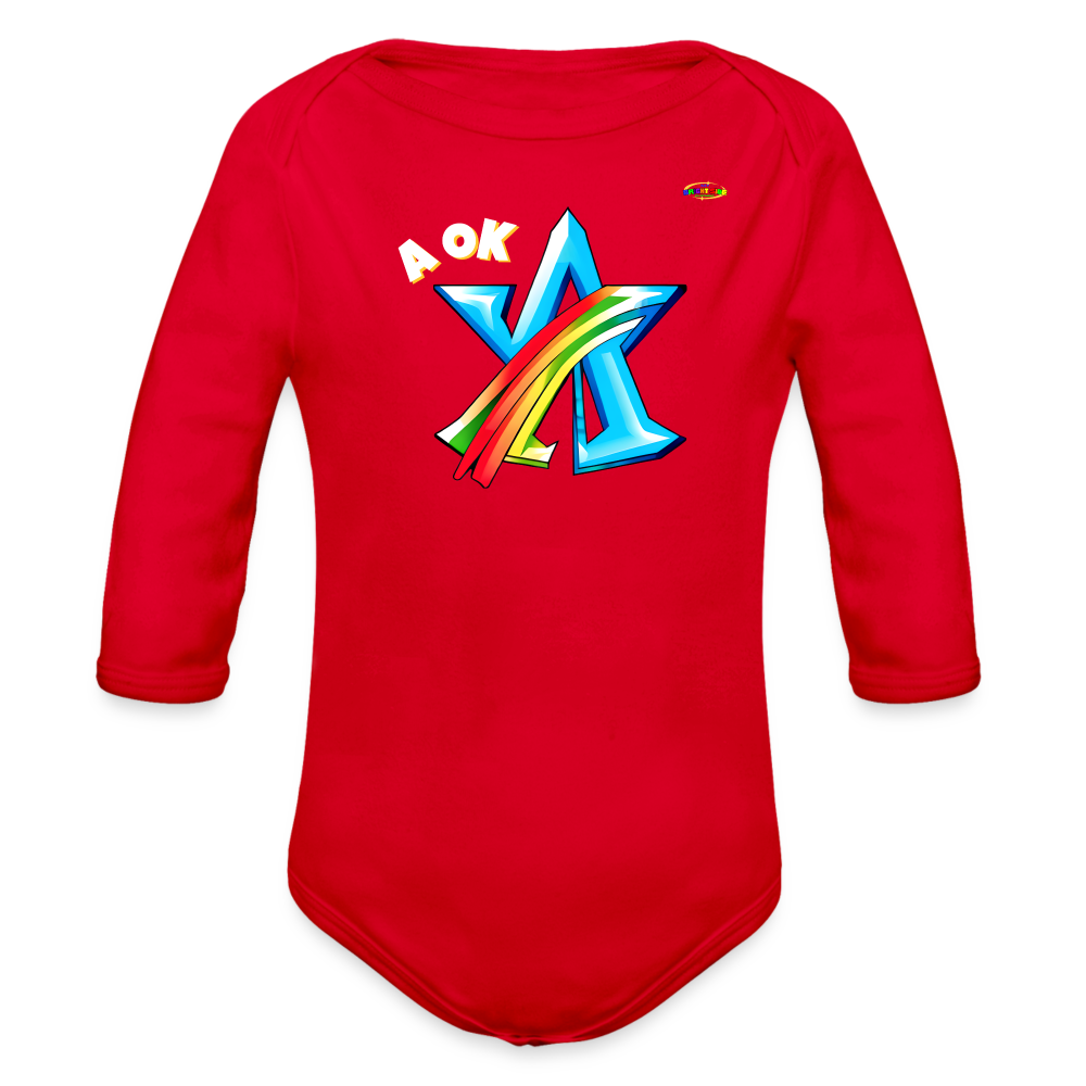 Super A Ok Logo Organic Long Sleeve Baby Bodysuit-MyBrightSideClothing - red