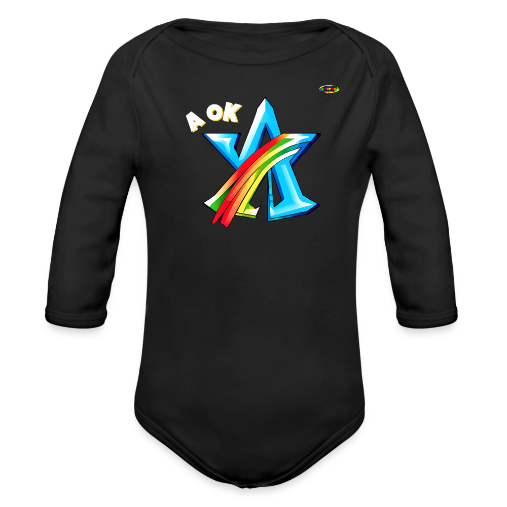 Super A Ok Logo Organic Long Sleeve Baby Bodysuit-MyBrightSideClothing - black