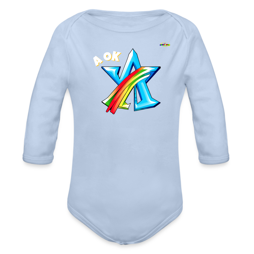 Super A Ok Logo Organic Long Sleeve Baby Bodysuit-MyBrightSideClothing - sky