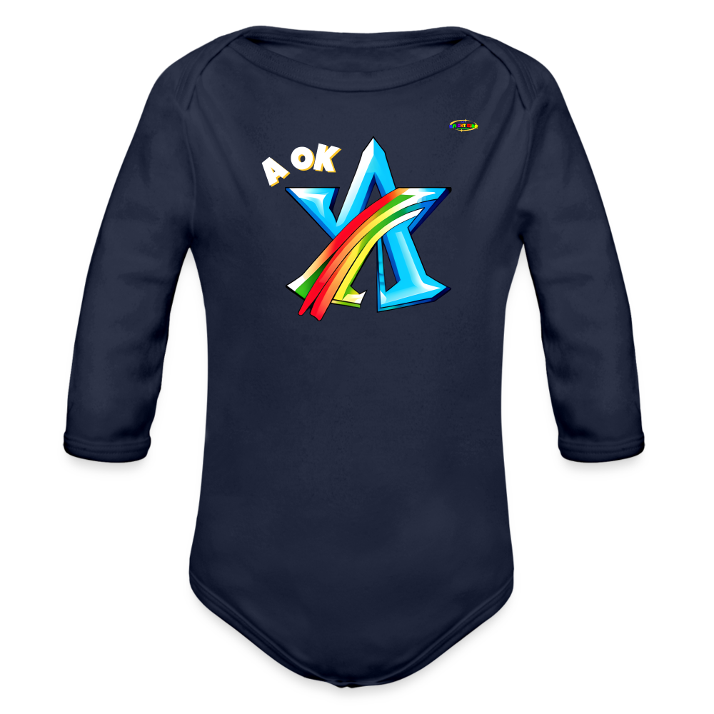 Super A Ok Logo Organic Long Sleeve Baby Bodysuit-MyBrightSideClothing - dark navy