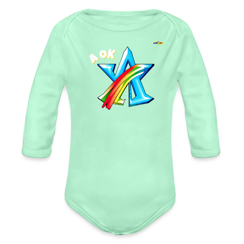 Super A Ok Logo Organic Long Sleeve Baby Bodysuit-MyBrightSideClothing - light mint