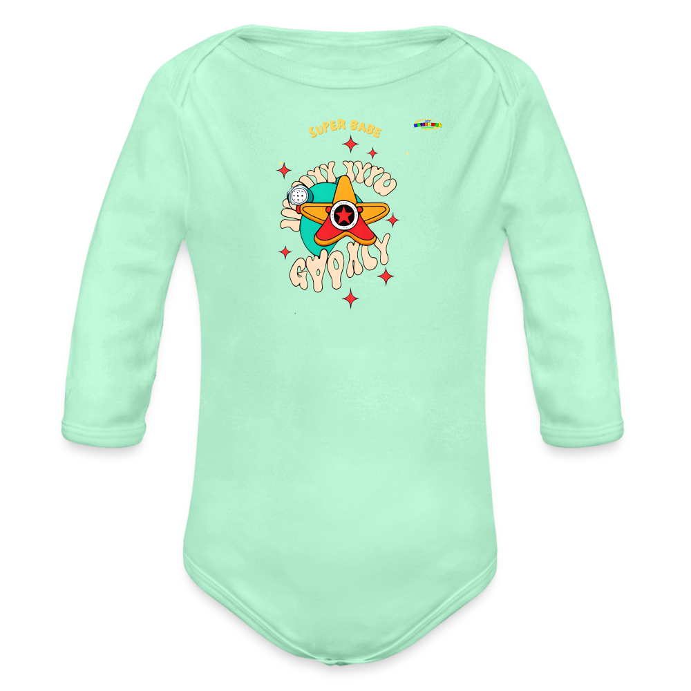 Cute Super Babe Star Logo Organic Long Sleeve Baby Bodysuit-MyBrightSideClothing - light mint