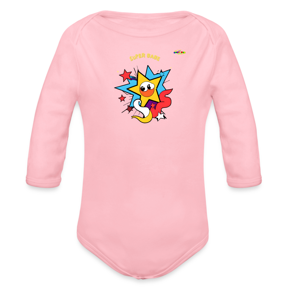 Cute Super Babe Star Logo Organic Long Sleeve Baby Bodysuit-MyBrightSideClothing - light pink