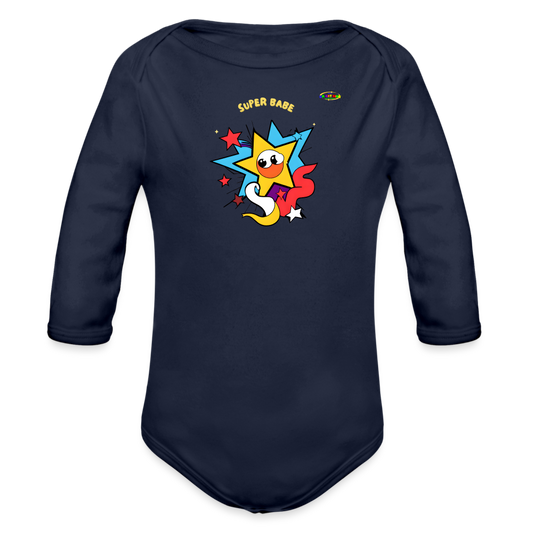 Cute Super Babe Star Logo Organic Long Sleeve Baby Bodysuit-MyBrightSideClothing - dark navy