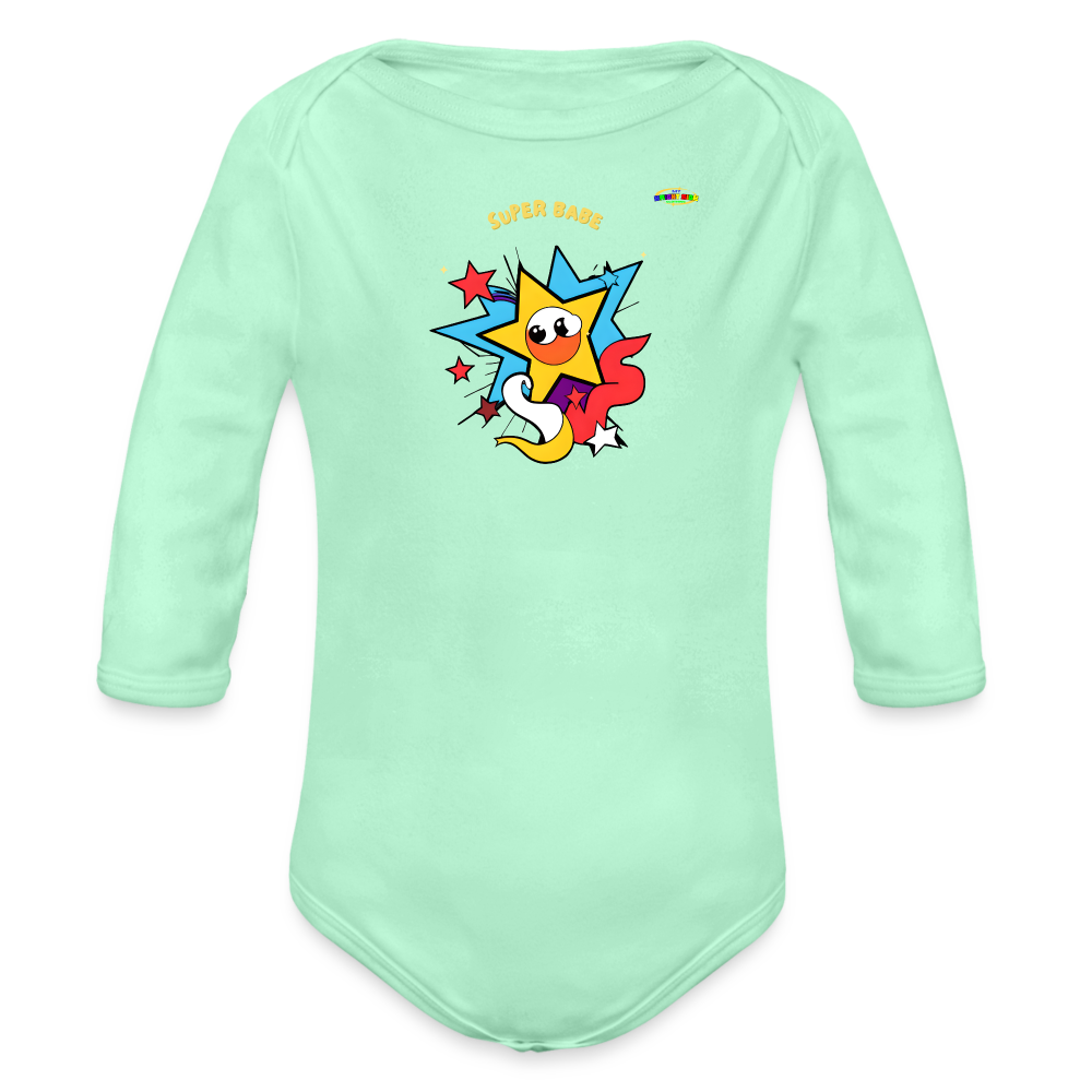 Cute Super Babe Star Logo Organic Long Sleeve Baby Bodysuit-MyBrightSideClothing - light mint