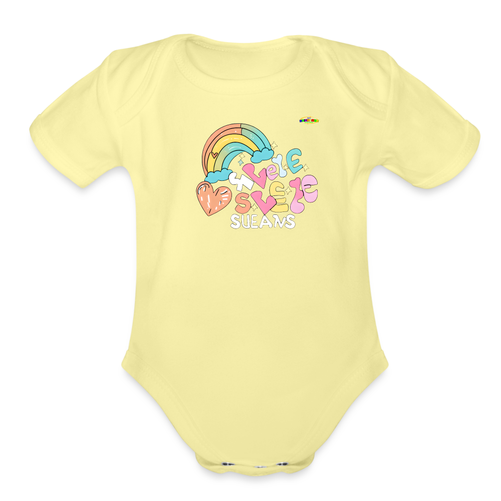 Cute Pastel Rainbow Heart Organic Short Sleeve Baby Bodysuit-MyBrightSideClothing - washed yellow